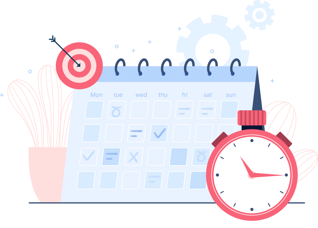 Calendar with target icon and alarm clock representing planning and deadlines.