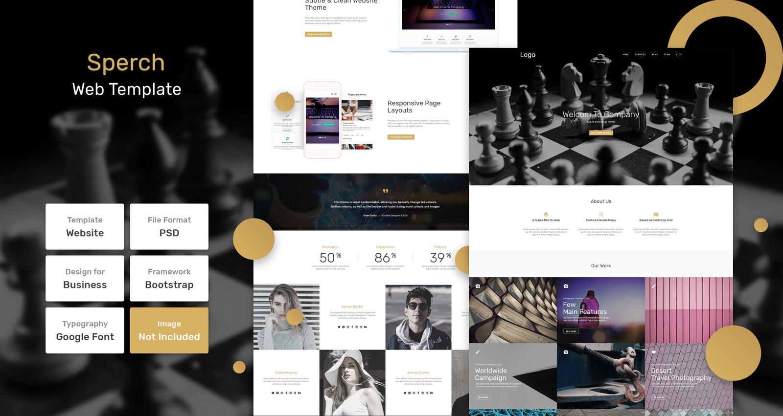 Modern website template layout preview featuring homepage sections, portfolio blocks, and design elements.