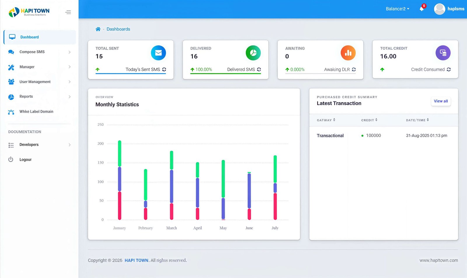 HapiSMS bulk SMS platform dashboard featuring campaign statistics, delivery reports, and analytics charts.