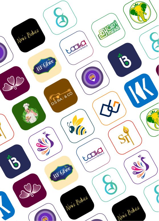 Creative collection of colorful brand logo designs displayed in a grid layout.