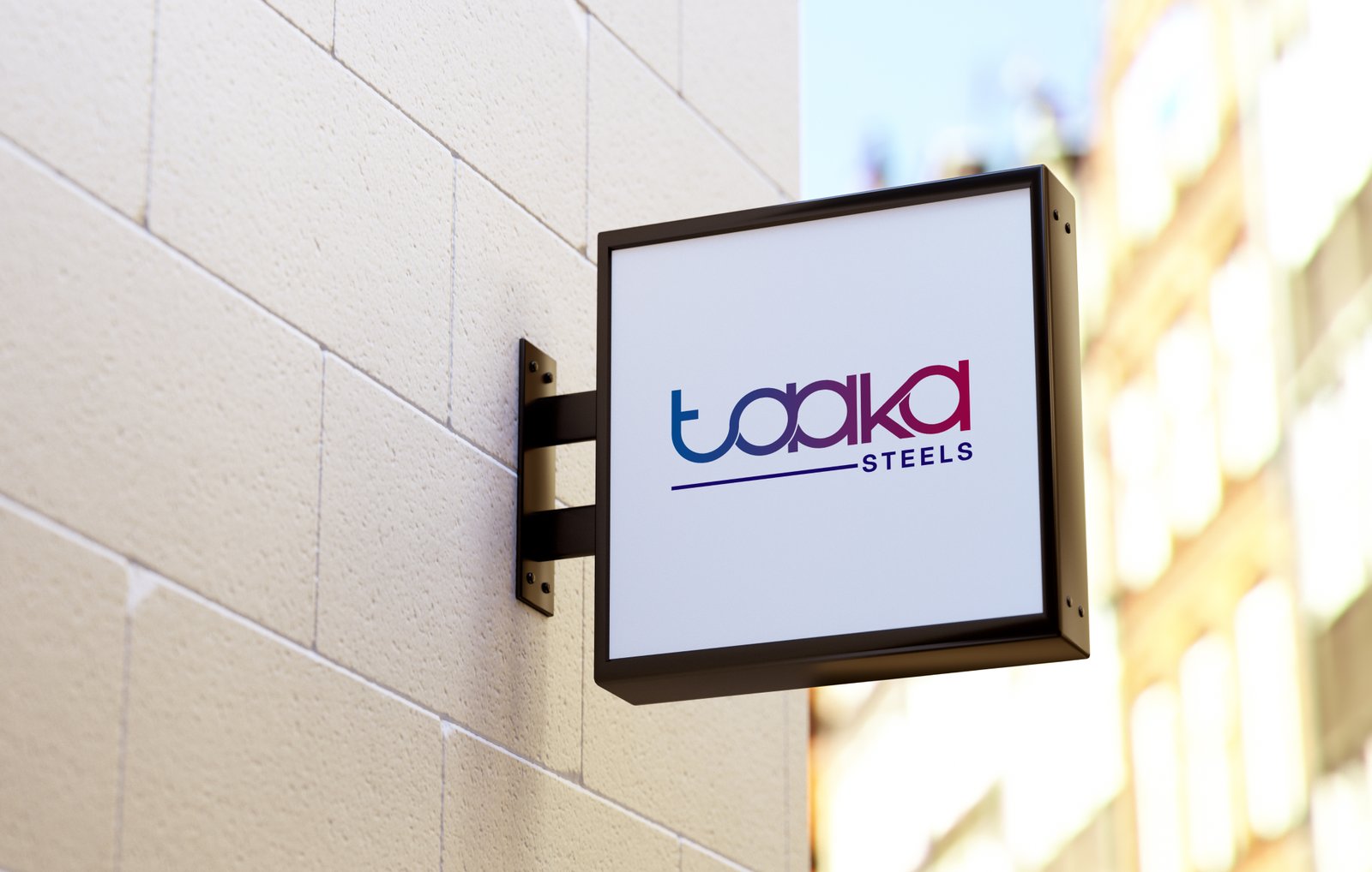 Wall-mounted outdoor signboard mockup displaying a modern steel company logo.