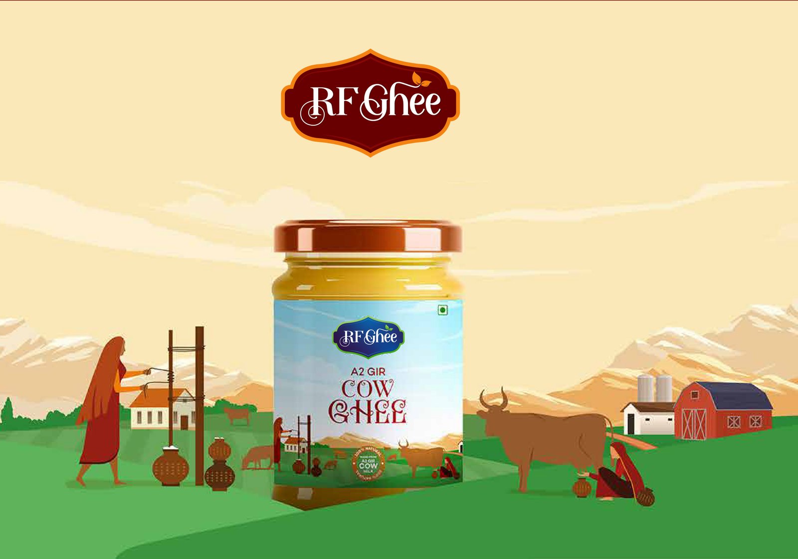 RF Ghee cow ghee jar packaging design illustrated with rural farm landscape and cows.