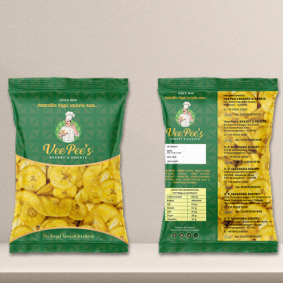 Branded snack food packaging design with transparent window showcasing mixture product.