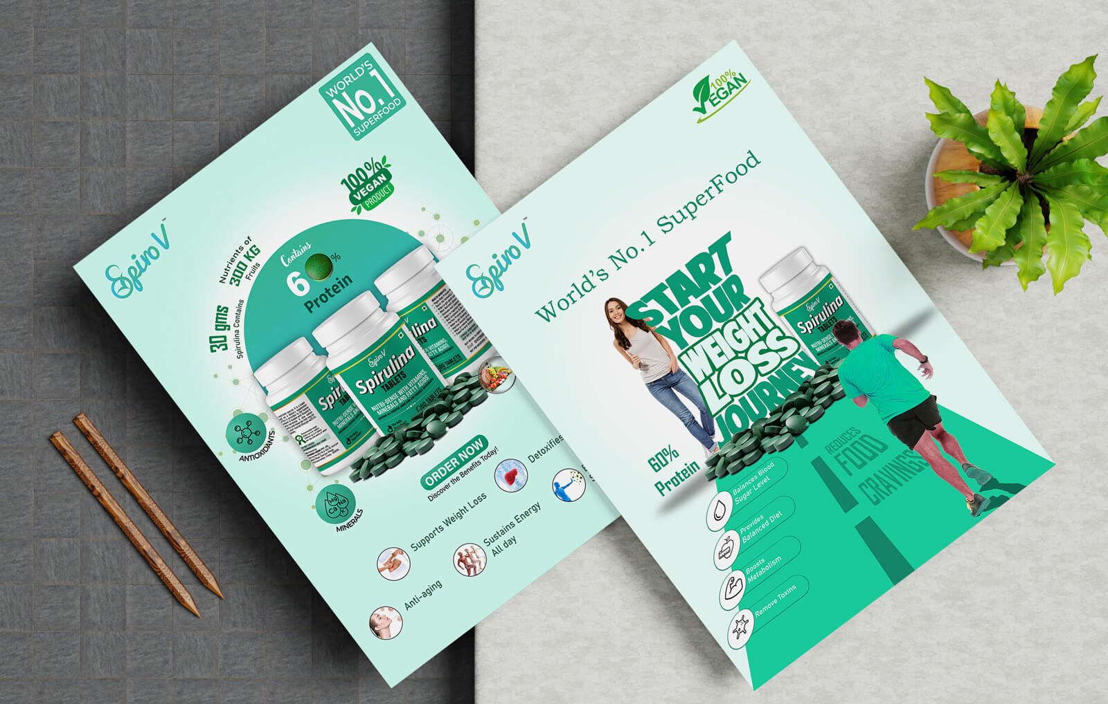 Corporate product brochure layout featuring green-themed supplement branding and promotional graphics.