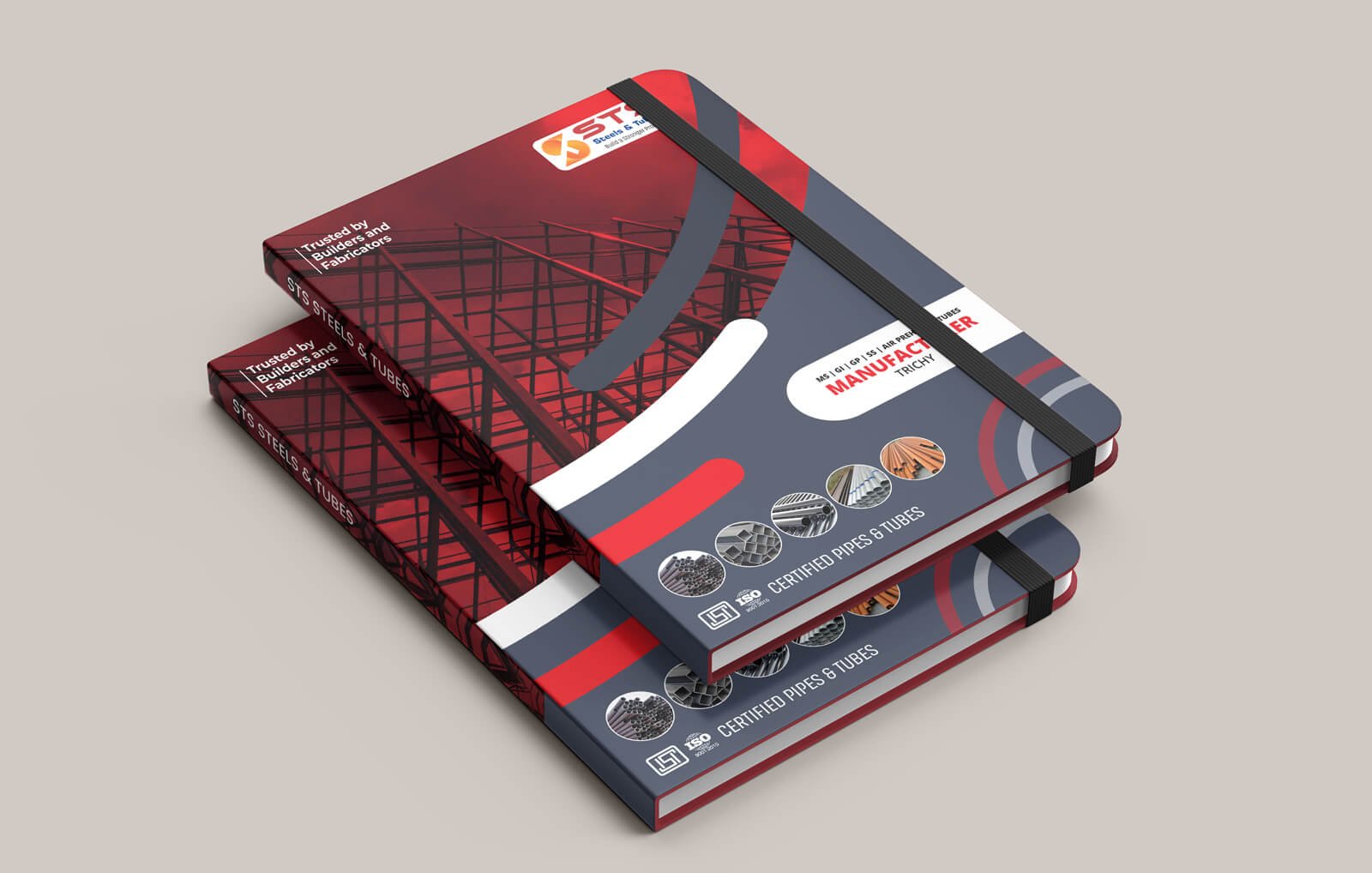 Branded corporate notebook cover design with bold red and black graphic elements.