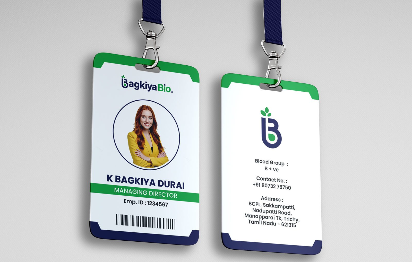 Corporate ID card design mockup with employee photo, logo branding, and lanyard holder.