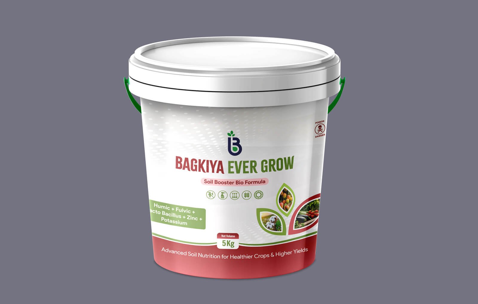 Agricultural product bucket packaging design with branded label and green plant graphics.