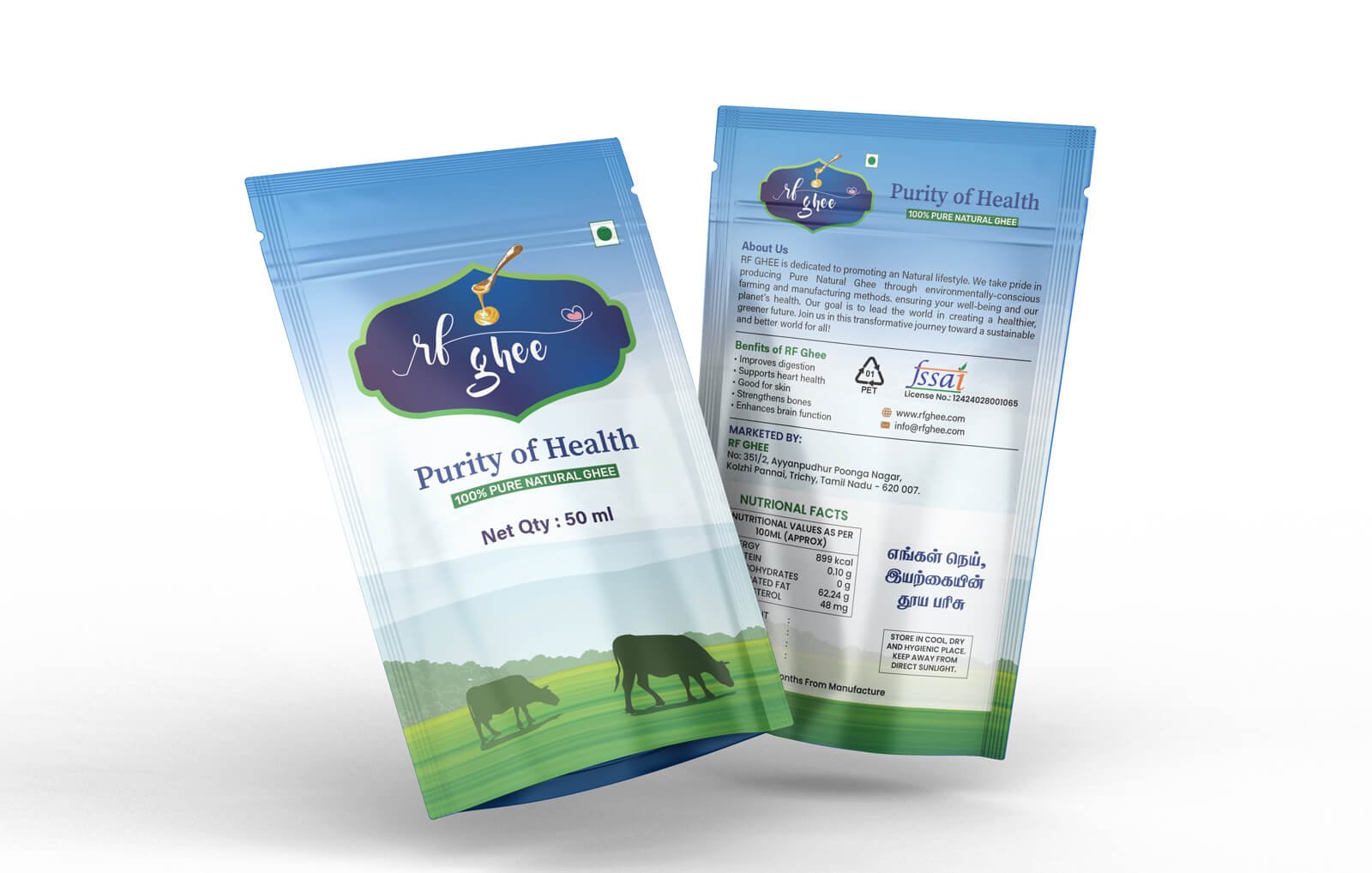 Stand-up pouch packaging mockup for health product with front and back label design.