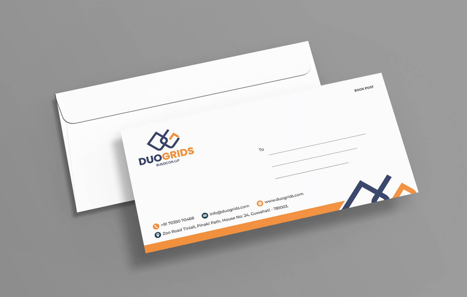 Professional letterhead and envelope stationery design with company branding.